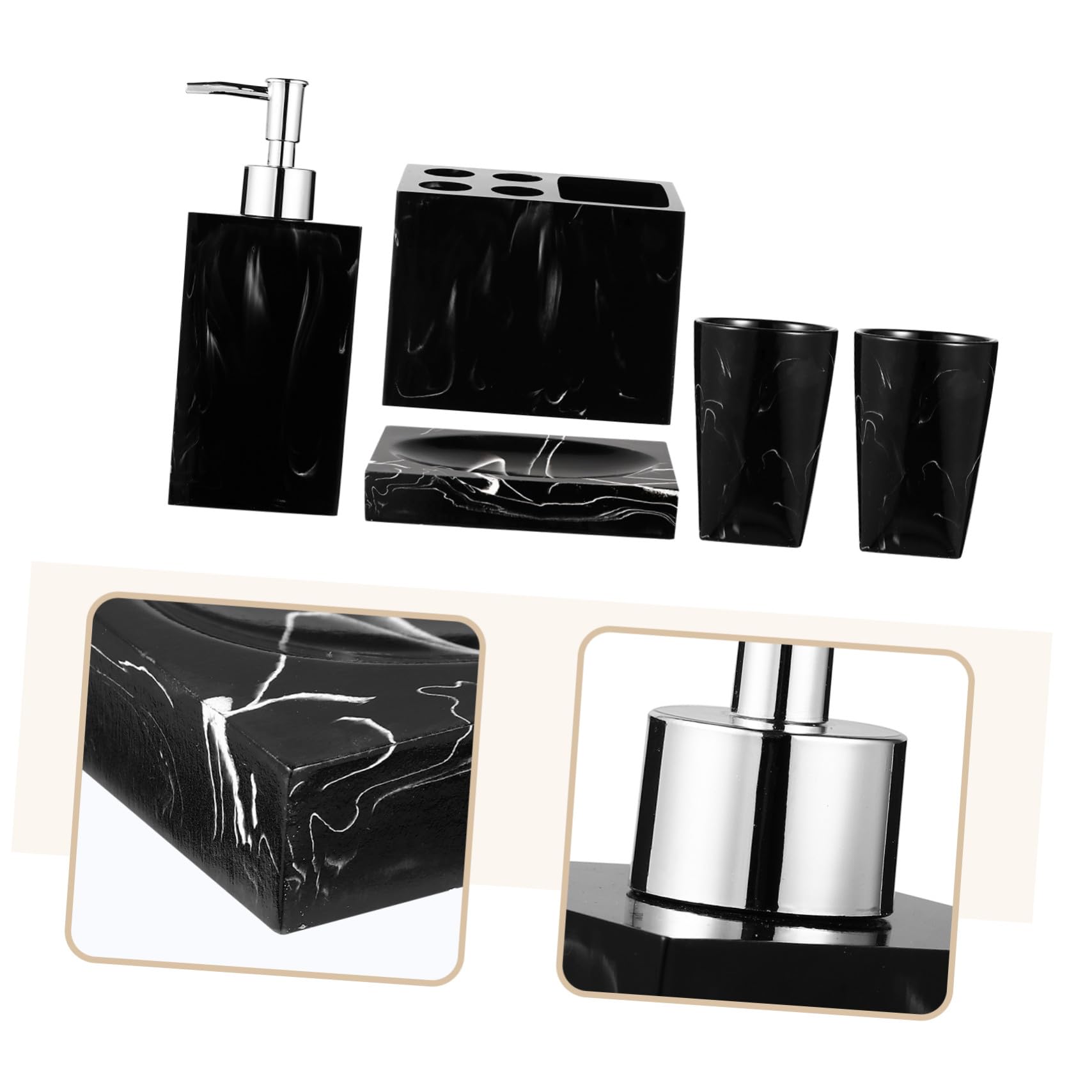 STOBAZA Set de Accesorios para Baño 5 Piezas Soporte para Cepillos, Vaso Enjuague y Jabonera de Resina Estilo Mármol Negro Fácil de Limpiar y Proteger Superficies