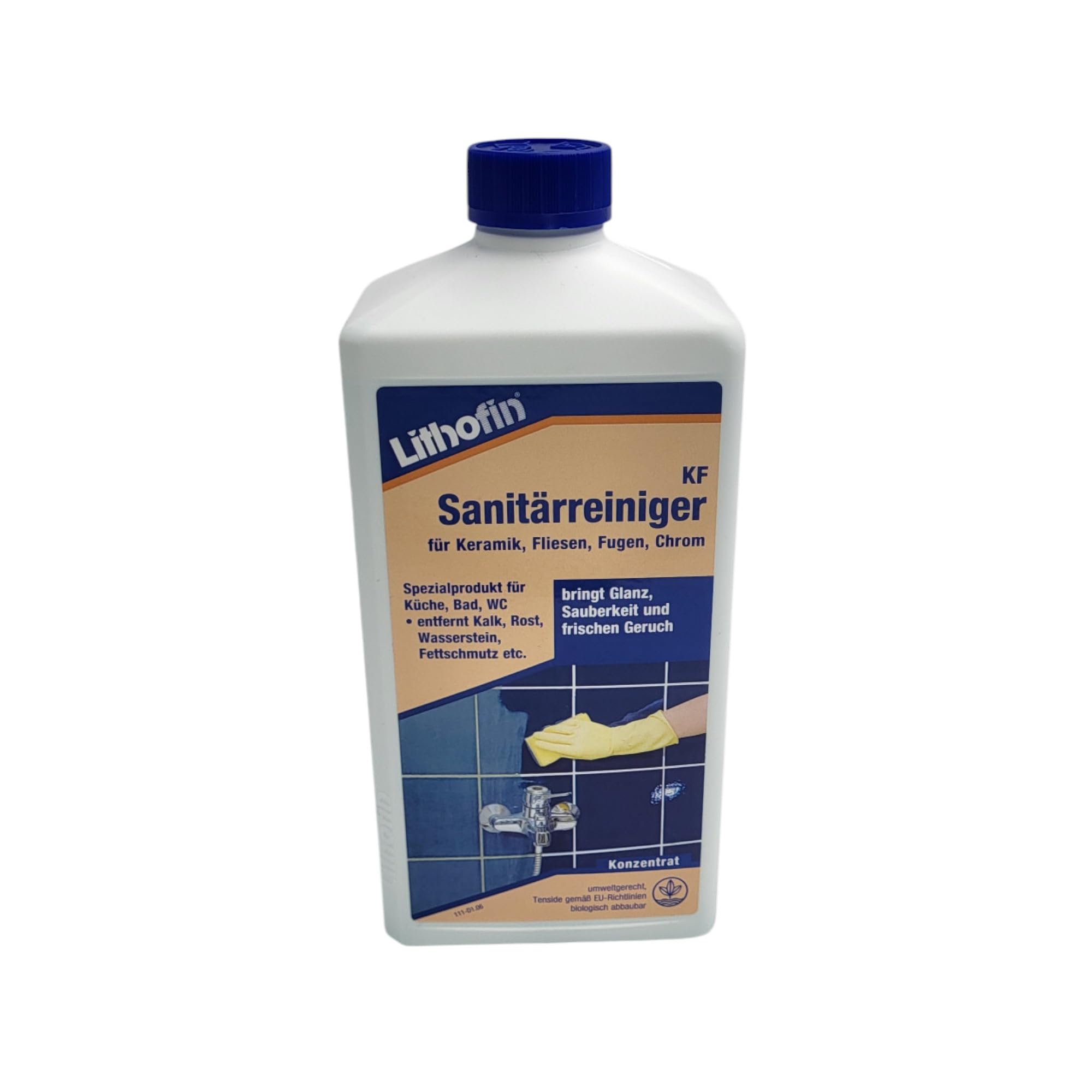 zbs24 Lithofin KF Sanitärreiniger, Konzentrat mit aktiven Säuren und hochwertigen Reinigungskomponenten, für Dusche und Bad, inkl. Latex Handschuhe und Mikrofasertuch 30x30cm (1 x 5 Liter)