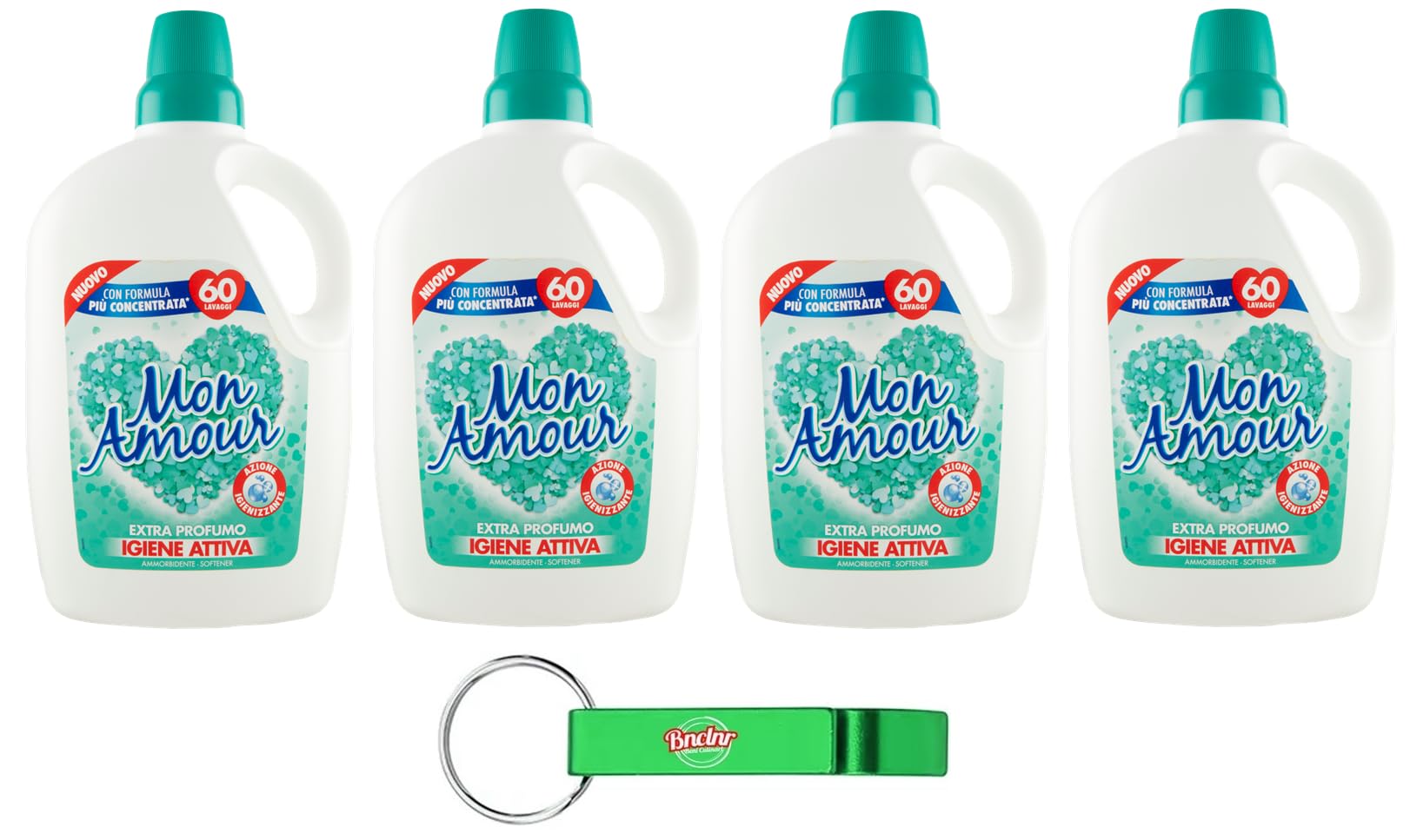4x Felce Azzurra Mon Amour Ammorbidente Igiene Attiva- Profumo Inconfondibile, Capi Morbidi - 60 Lavaggi - 3Lt + Portachiavi Beni Culinari in Omaggio
