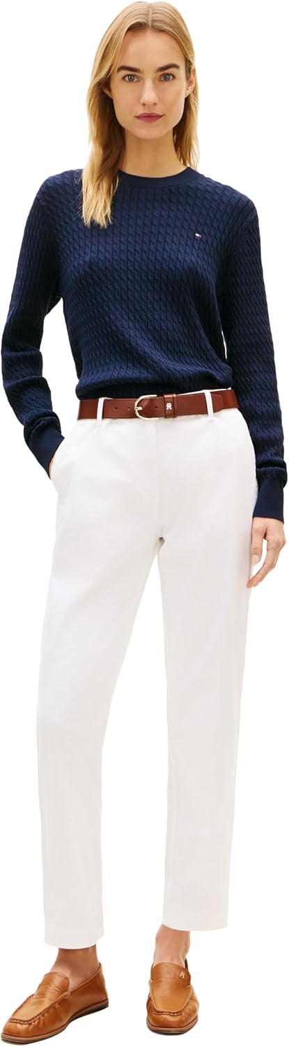 Tommy Hilfiger Women's Fine Gauge Cable Knit Crew Neck Sweater Lightweight Pullover
