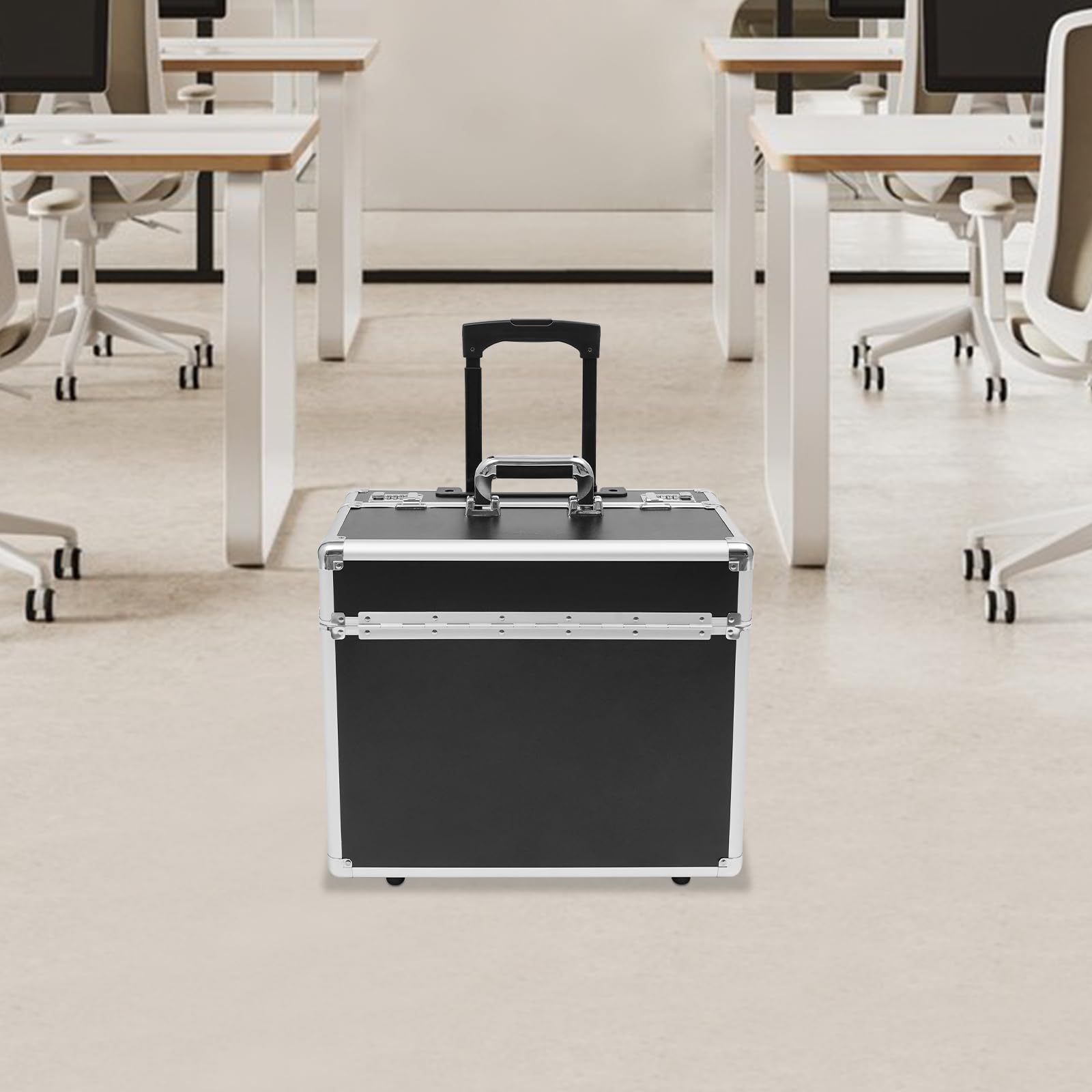 Pilotenkoffer mit Rollen, Rollbarer Aktenkoffer aus Aluminiumlegierung, Laptop Rollkoffer mit Teleskopstang, Abschließbarer Business Trolley, 48.5x23x39 cm (Schwarz)