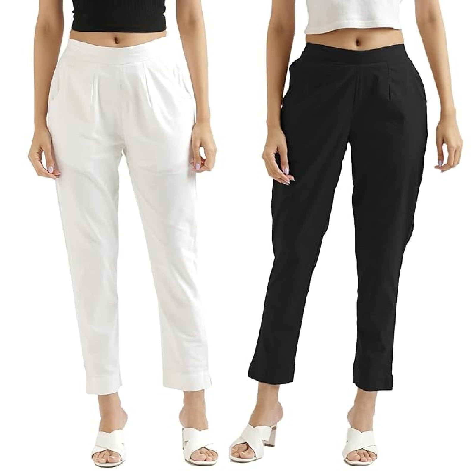 Women's Pack of 2 Cotton Regular Fit Mid Rise Ankle Length Trouser | Cotton Ankle Fit Trouser Pants with 2 Pockets for Women & Girls-picture-26
