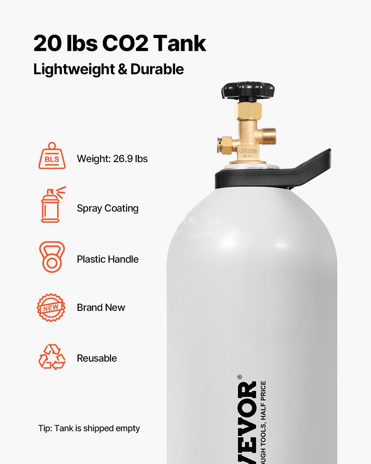 VEVOR CO2 Tank, 20 lbs New Aluminum Alloy Cylinder, CO2 Air Tank with Light Spray Coating, CGA320 Valve, Handle, Built-in Purple Copper Siphon, DOT Approved Cylinder for Draft Beer Dispensing