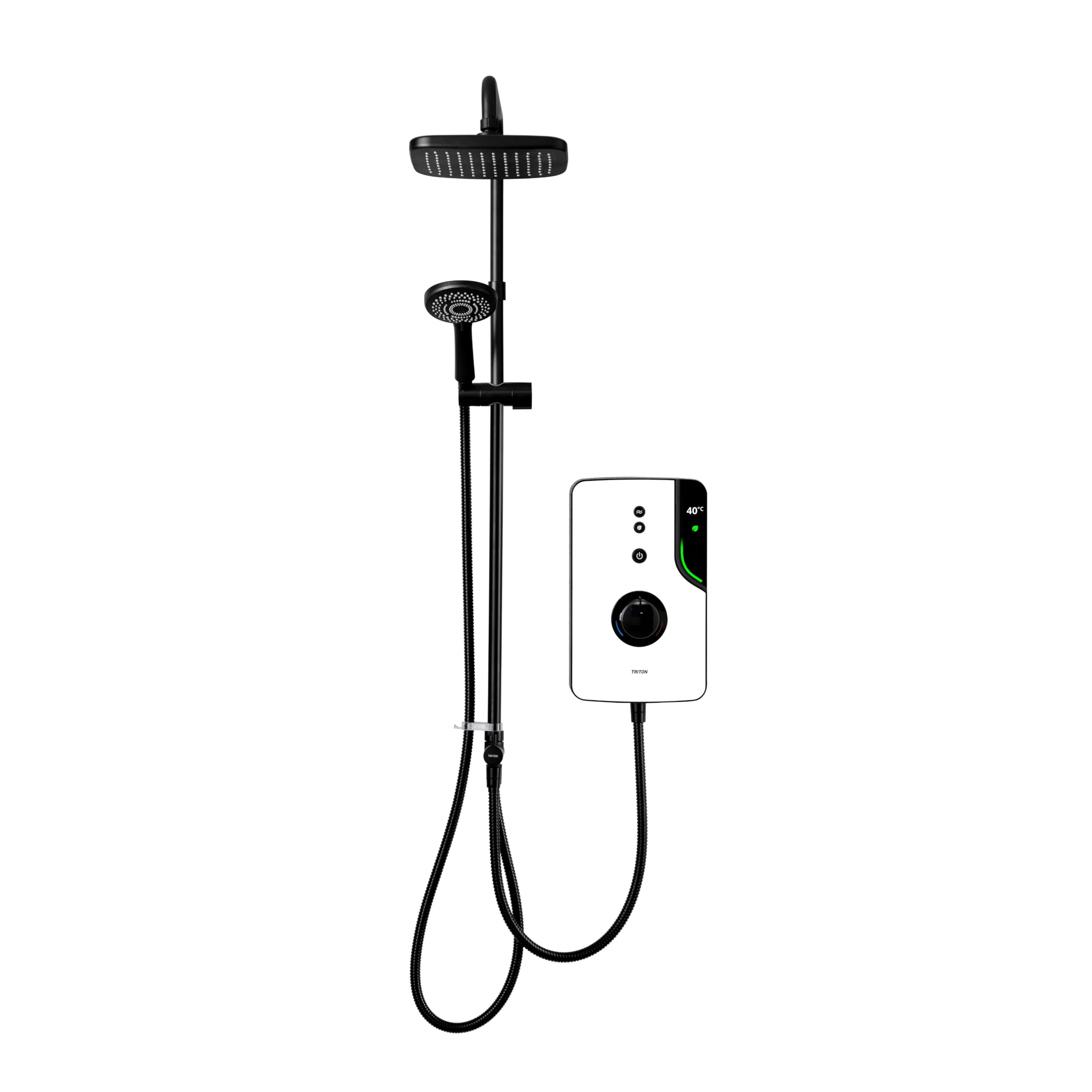 Triton Showers ENlight® | DuElec® | Thermostatic Electric Shower | 9.5 kW | Smart Shower | with Black Showerhead & Anti Twist Hose | White | Overhead Shower