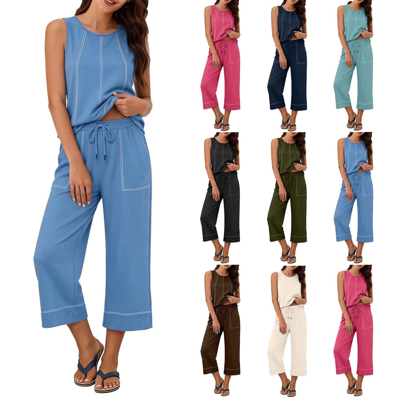 Traje de verano de dos piezas para mujer, sin mangas, monocolor, ropa de ocio, cómodo conjunto de camiseta y pantalones