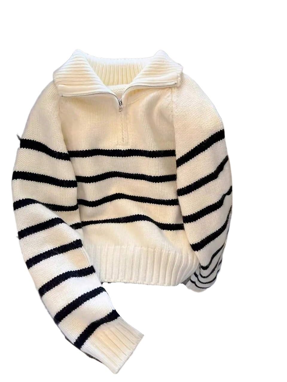 Womens Pullover Sweater Casual Striped Color Lapel Long Sleeve Knit Sweater Top