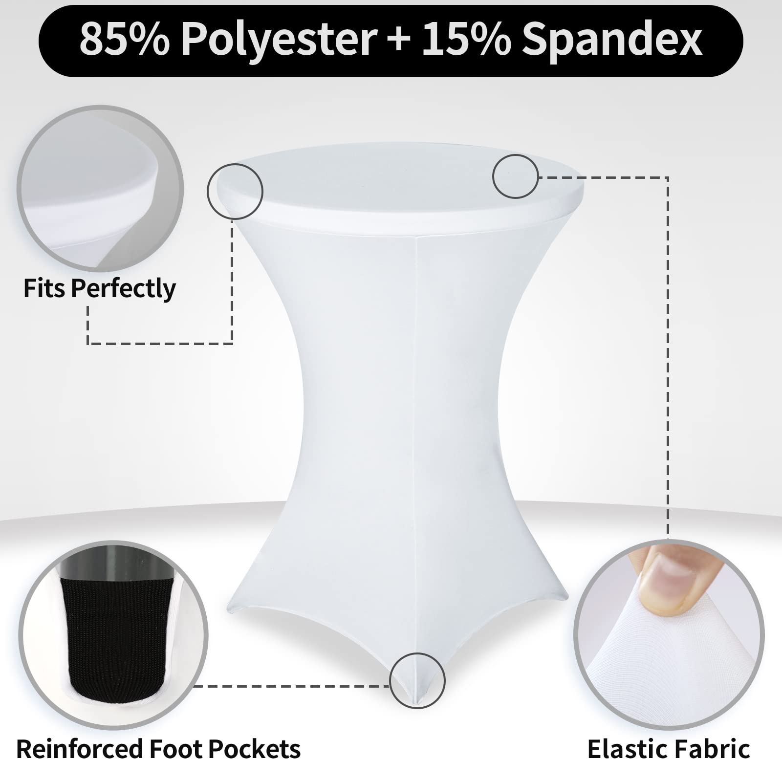 FestiCorp Paquete de 6 manteles de elastano, ajustables, manteles redondos y elásticos para fiestas, DJ, bares, bodas, cumpleaños, banquetes, color blanco, 30-32 pulgadas de diámetro x 40-43 pulgadas