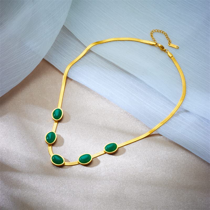 Image of Havilah Necklace for Women Stainless Steel Oval Green Crystal Pendant Necklace