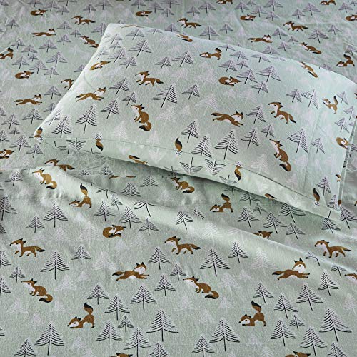 Image of Intelligent Design Cozy Soft 100% Cotton Flannel Print Animals Stars Cute Warm, Ultra Soft Cold Weather Sheet Set Bedding, Twin XL, Seafoam Foxes 3 Piece