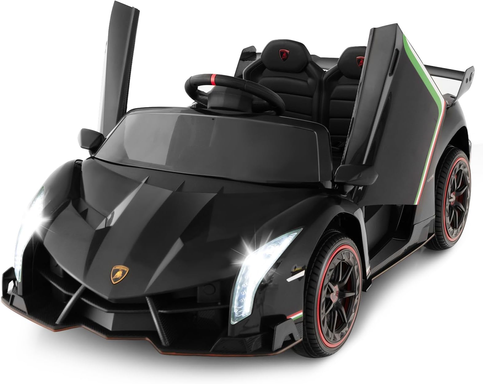 2 Seater Kids Ride On Car, 12V 4WD Licensed Lamborghini Veneno Electric Vehicle with Remote Control, Toddlers Battery Powered Toy Gift with 2 Speeds, Rocking Mode, Music, USB, MP3 (Black)