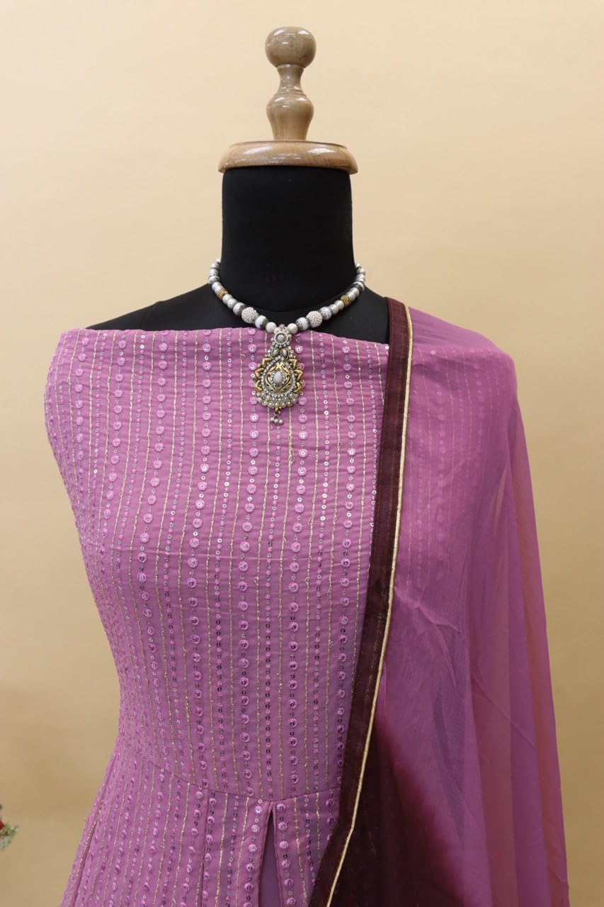 RUDRAPRAYAG Anarkali Georgette and santoon Suits for Women Floor Length | Maxi Gown for Festival Wear | Semi-Stitched Embroidered Gown for Women | Gown in Clothing & Lavender Free Size 1