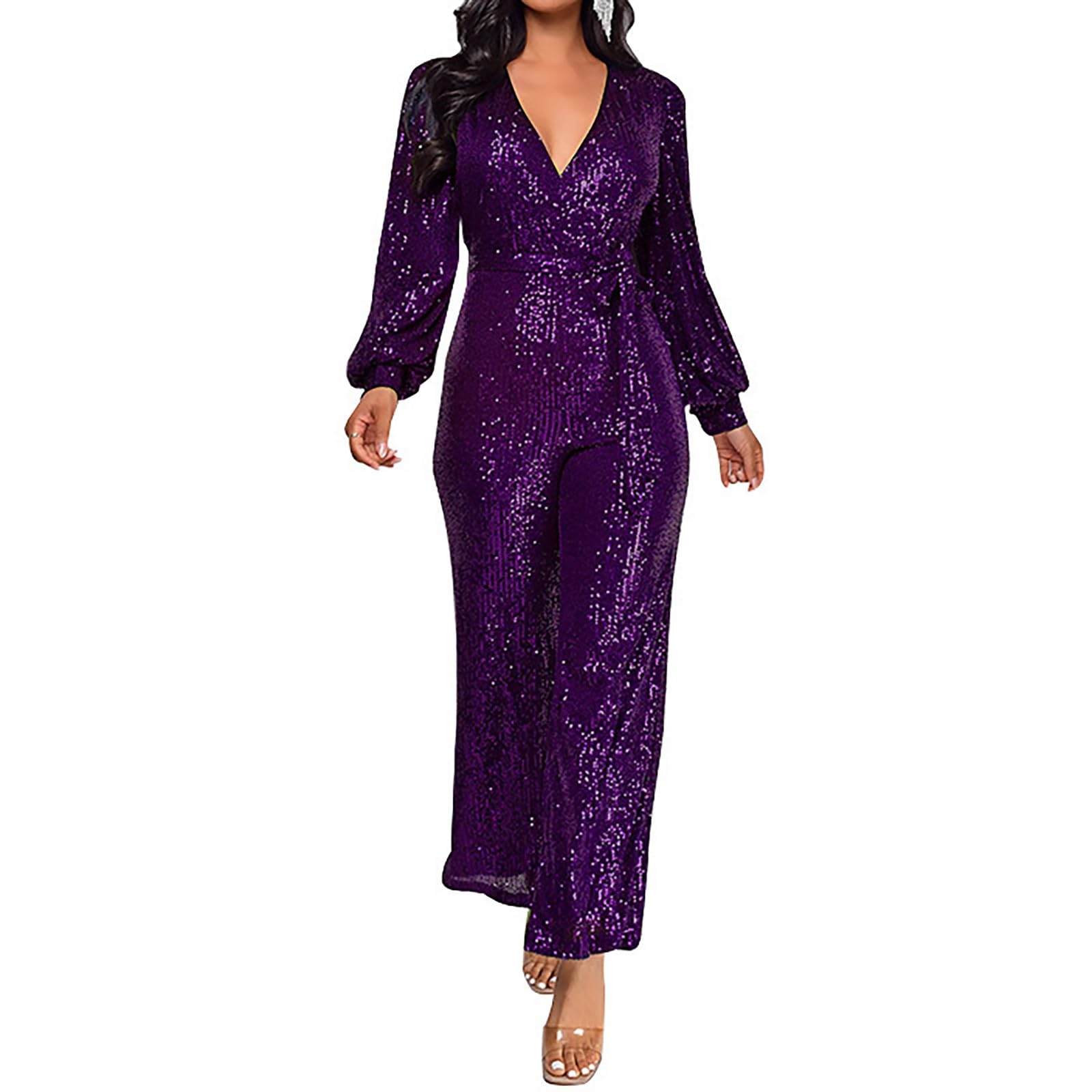 Jumpsuit Damen Elegant Mit Pailletten: Overall Glitzer Langarm V-Ausschnitt Lang Overall Hosenanzug Playsuit Mit Gürtel Romper Lightweight Schnelltrocknende Jumper Für Disco, Kostüm, Karneval