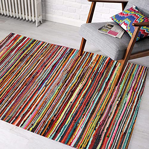 ZENQA Handmade Area Rug Chindi Rugs | 100% Recycled Cotton | Large Multi Coloured Floor Rug with Stripes | Living Room, Bedroom, Dining, Hall, Area Runner Mat Carpet (160 x 230 cm)