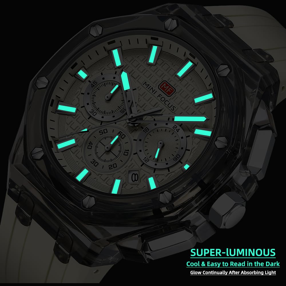 Mini Focus - Reloj de Pulsera para Hombre, multifunción, Transparente, analógico, Correa de Silicona, Calendario, Cuarzo, Resistente al Agua, para Hombre