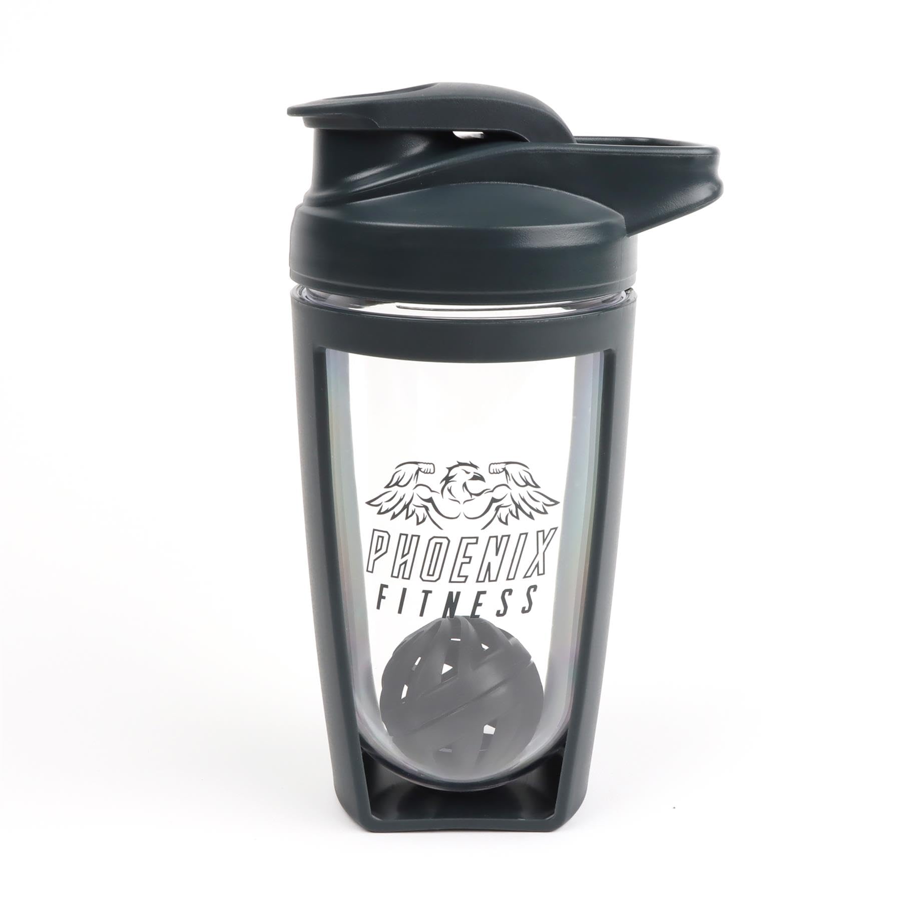 Phoenix Fitness Protein Shaker - 600ml - Grey - Plastic - Mixer Ball - Leak-Proof