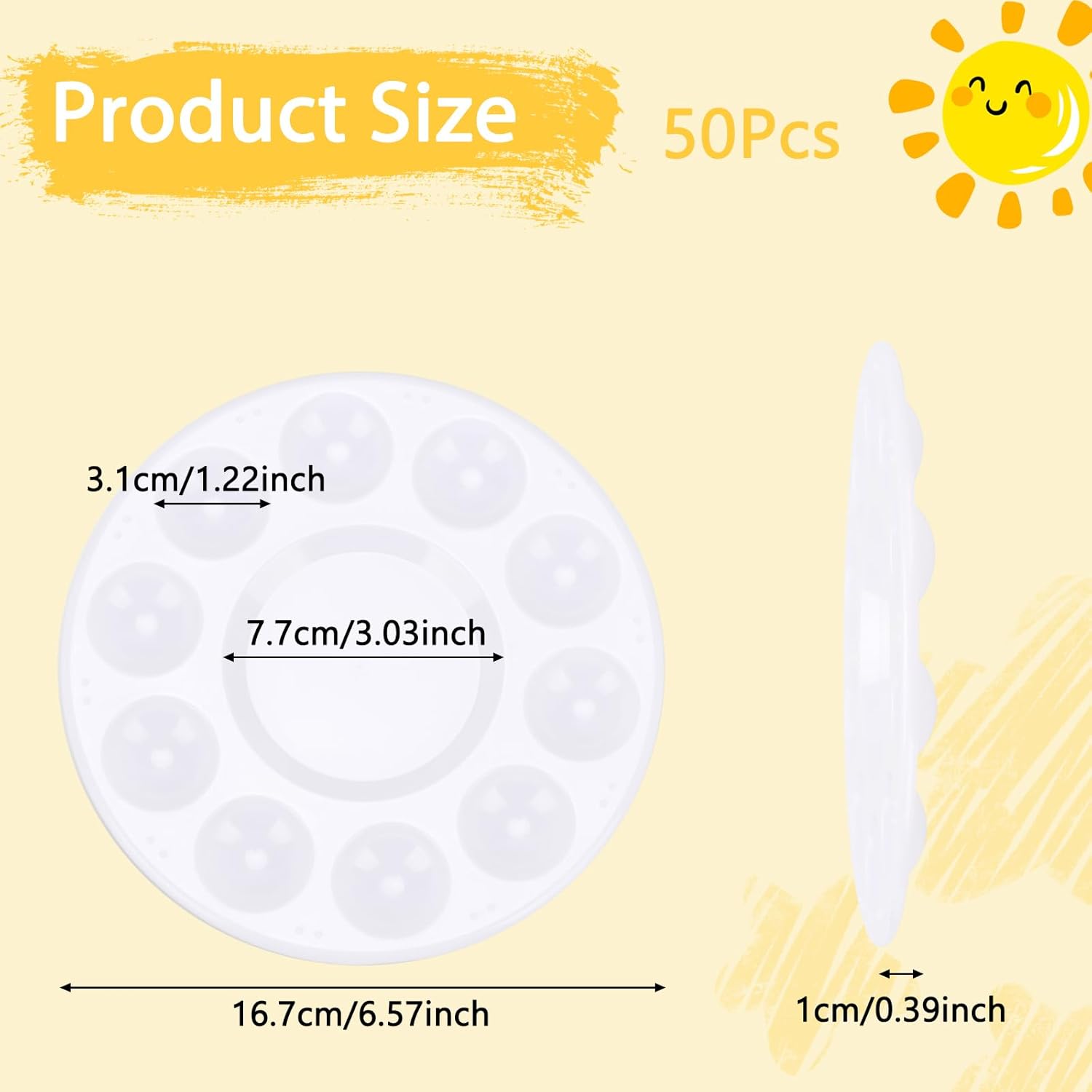 50Pcs Paint Palette Trays, 10-Well Plastic Paint Tray with Central Mixing Area, Reusable Watercolor Palette for Artists, Kids, Classroom, DIY Crafts, Cupcake Decorating (6.6 x 6.6 Inches) - Image 2