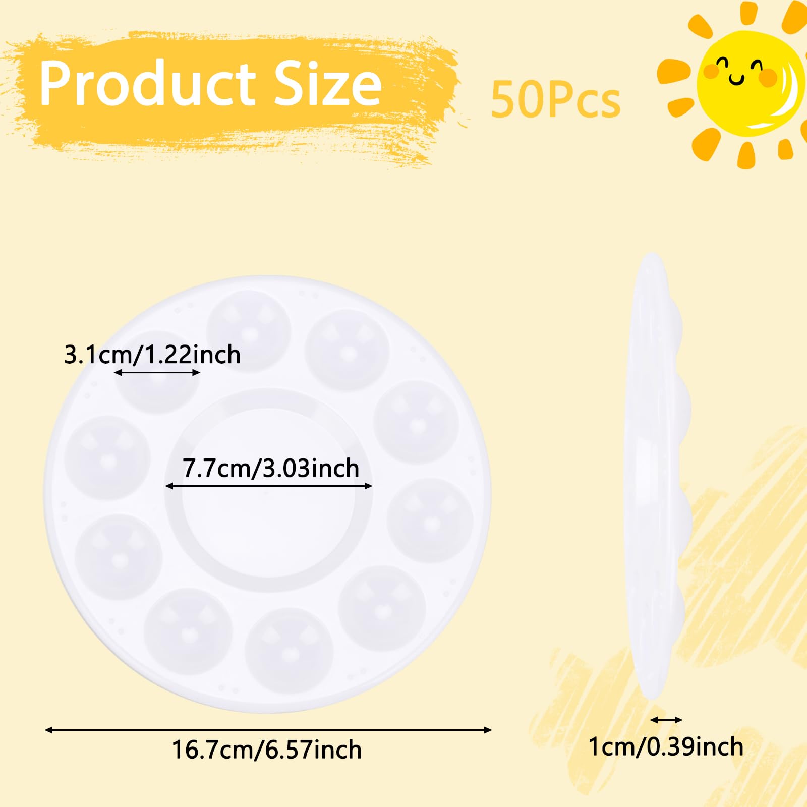 50 bandejas de paleta de pintura, bandeja de pintura de plástico de 10 pozos con área de mezcla central, paleta de acuarela reutilizable para artistas, niños, aula, manualidades, decoración de
