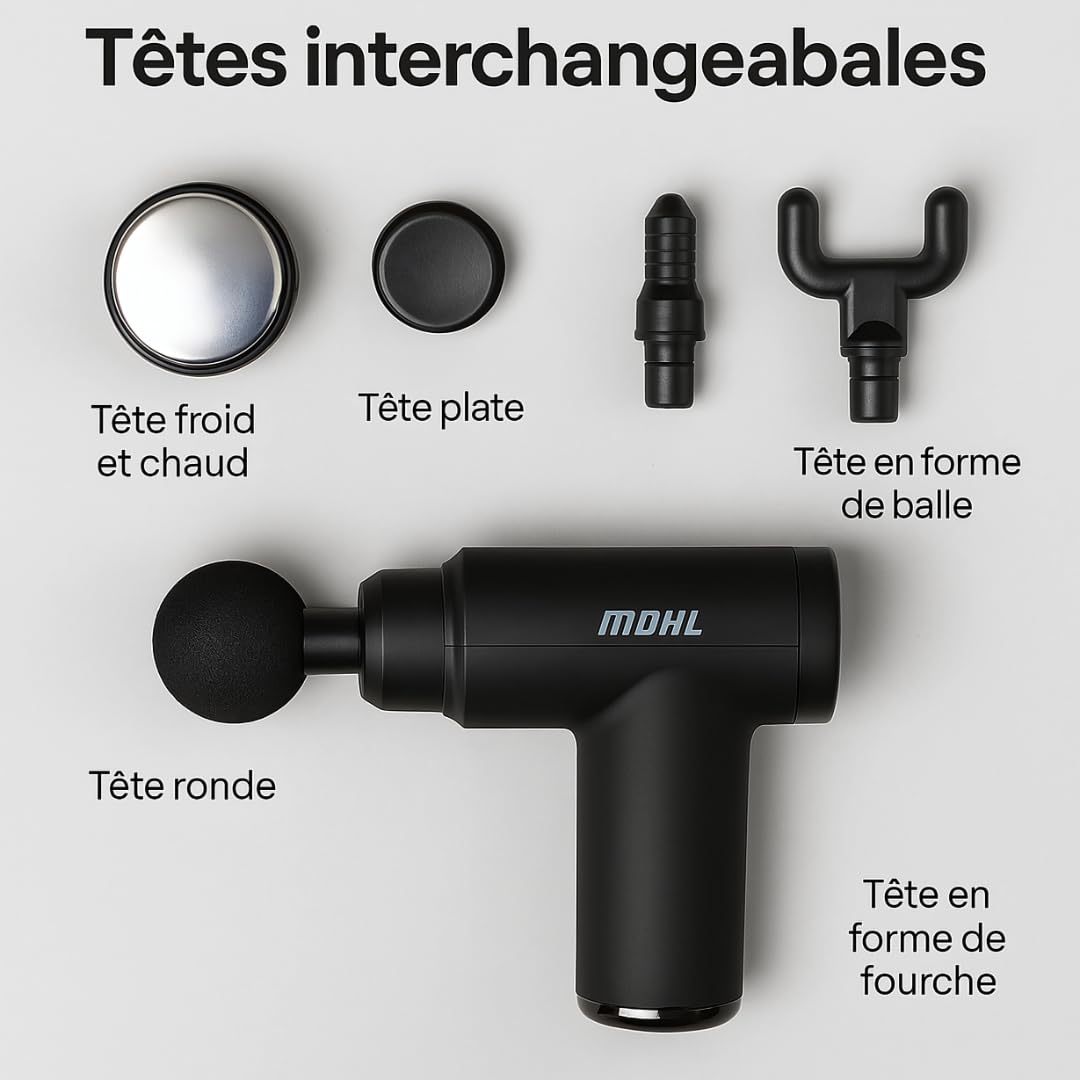 Mini Pistolet de Massage Musculaire Professionnel avec 6 Niveaux de Vitesse Appareil de Thérapie Portable avec 5 Têtes de Massage pour Récupération Sportive et Soulagement des Douleurs