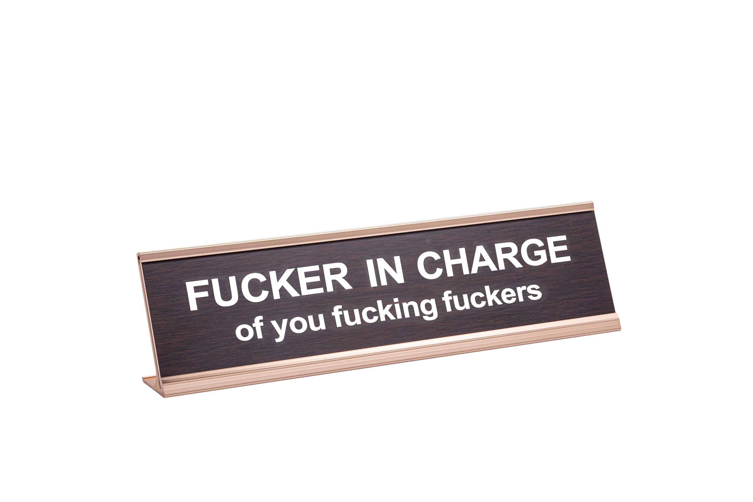 Fucker in Charge of You Fucking Fucks Funny Desk Plate Sign (2" × 8", Rose Gold Holder)