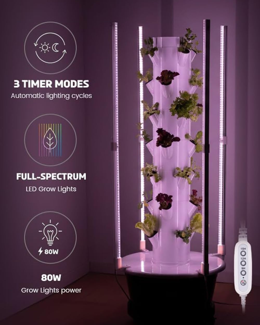 Vertical Hydroponics Growing System Kit, 28-Plant Spacious Indoor Hydroponic Garden Tower with Automatic Timer LED Grow Lights & Pump System, Herb Garden Planter Indoor Kit with 30L Water Reservoir