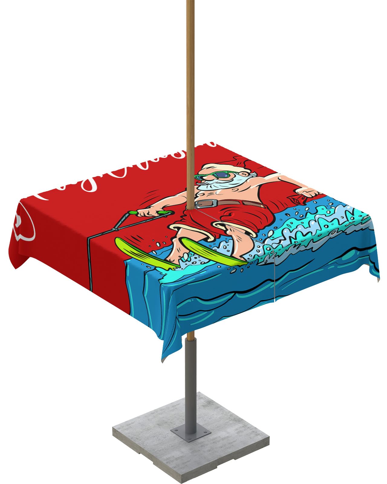 Surf Santa Outdoor Tablecloths with Umbrella Hole and Zipper, Summer Beach Christmas Nautical Red Waterproof/Stain Resistant Square Table Cloth 60x60 Patio Table Cover for Picnic/Party Baby Shower