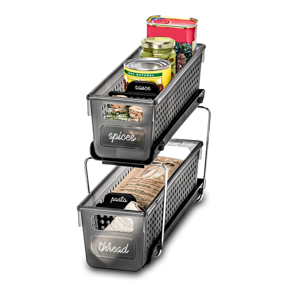 Madesmart 2-Tier Plastic Mini Multipurpose Organizer with Divided Slide-Out Storage Bins, Compact Under Sink and Cabinet Organizer Rack, Carbon