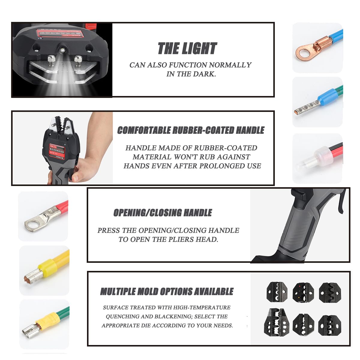Kit di crimpatura elettrica, crimpatrice per capicorda con 7 stampi, 2 batterie, avvio a un pulsante, illuminazione a LED, connettori non isolati per terminali elettrici