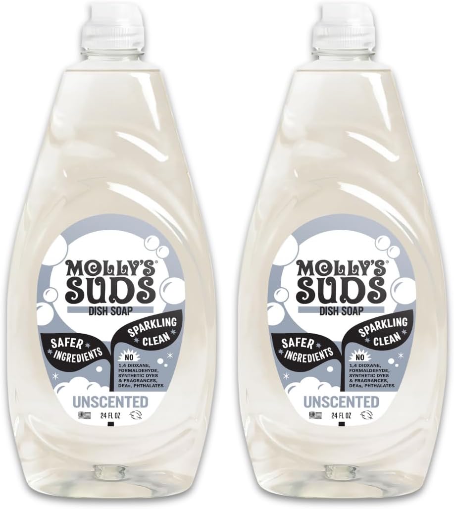 Molly's Suds Liquid Dish Soap | Clean, Simple Ingredients | Extra Scrubbing Power | Unscented, 24 oz - 2 Pack