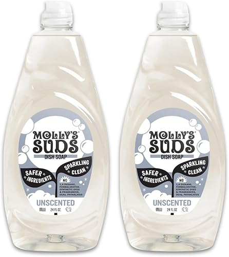 Molly's Suds Jabón líquido para platos  Ingredientes limpios y simples  Poder de fregado extra  Sin perfume, 24 oz - Paquete de 2