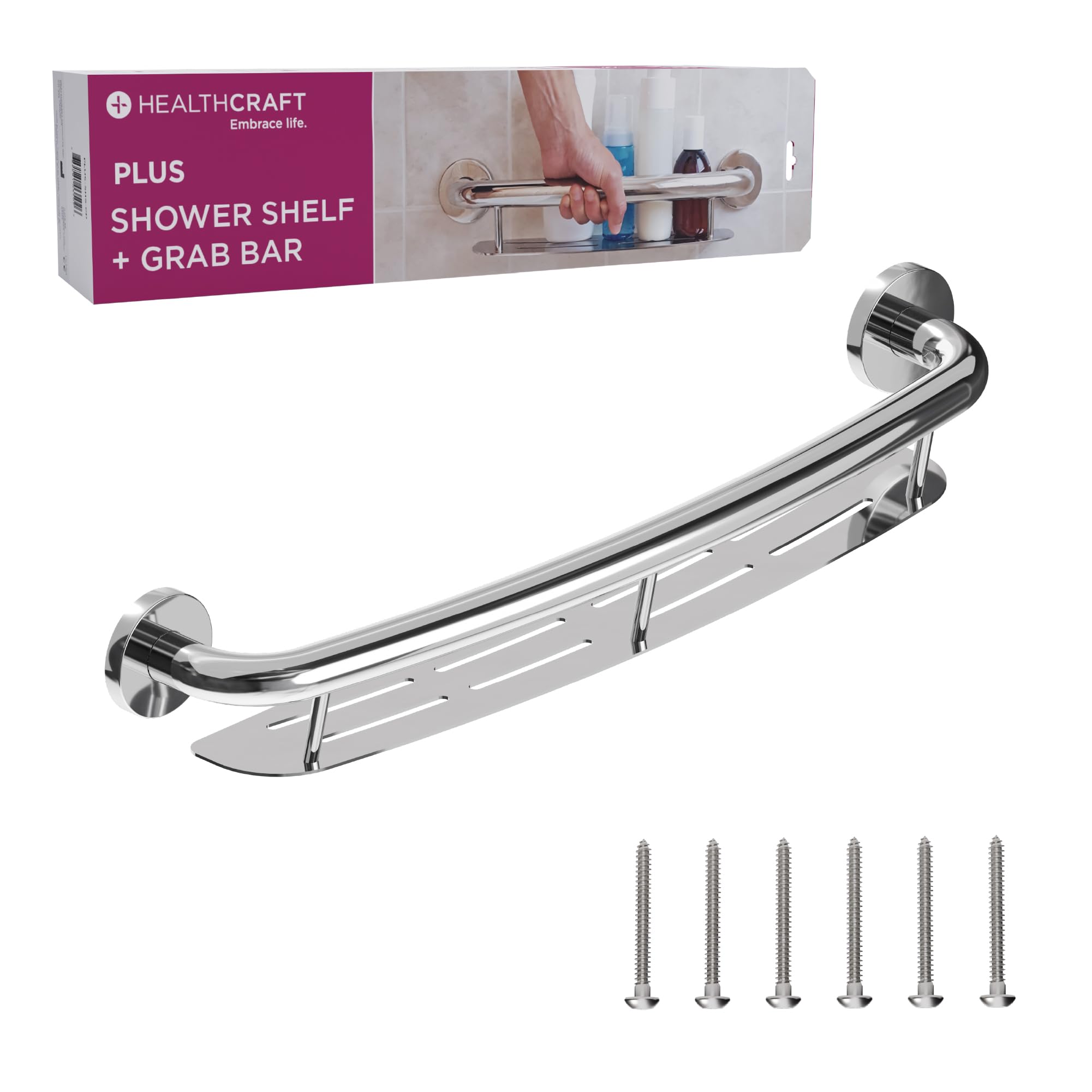 HEALTHCRAFT Plus - Estante para champú y barra de agarre de 24 pulgadas, seguridad ADA - cromo pulido | Estante de champú integrado, tornillos ocultos, no necesita estante separado
