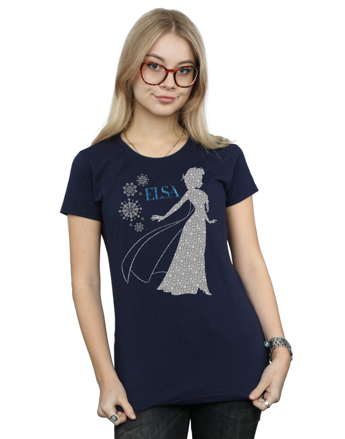 Disney Women's Navy Blue Frozen Elsa Christmas Silhouette T-Shirt Large
