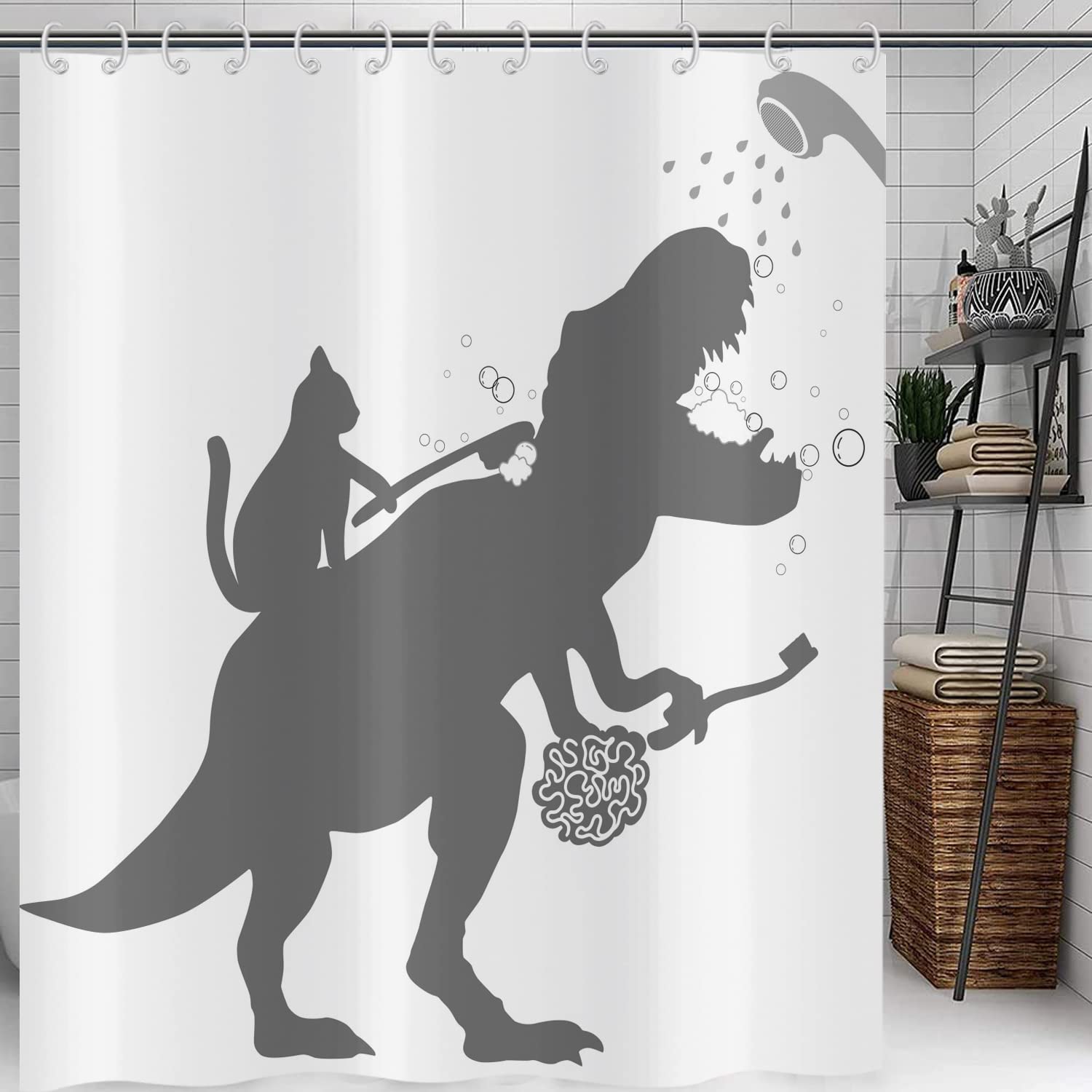 Hnmdmyi Funny Shower Curtain 120x200, Cat Help Dinosaur Bath Shower Curtains Kids Boys Silhouette Shadow Black White Bathroom Curtains Waterproof Polyester Fabric Washable Bath Curtains with Hooks