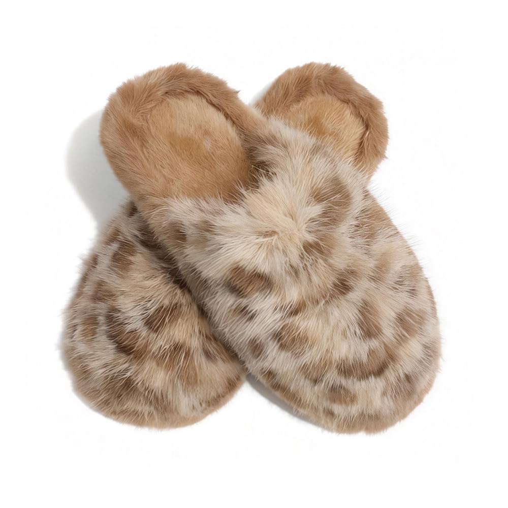 PXPUIQ Fuzzy Leopard Print Slippers - Cozy House Shoes for Women, Soft Plush Indoor/Outdoor Winter Slides, Comfortable Non-Slip Warm Home Shoes,