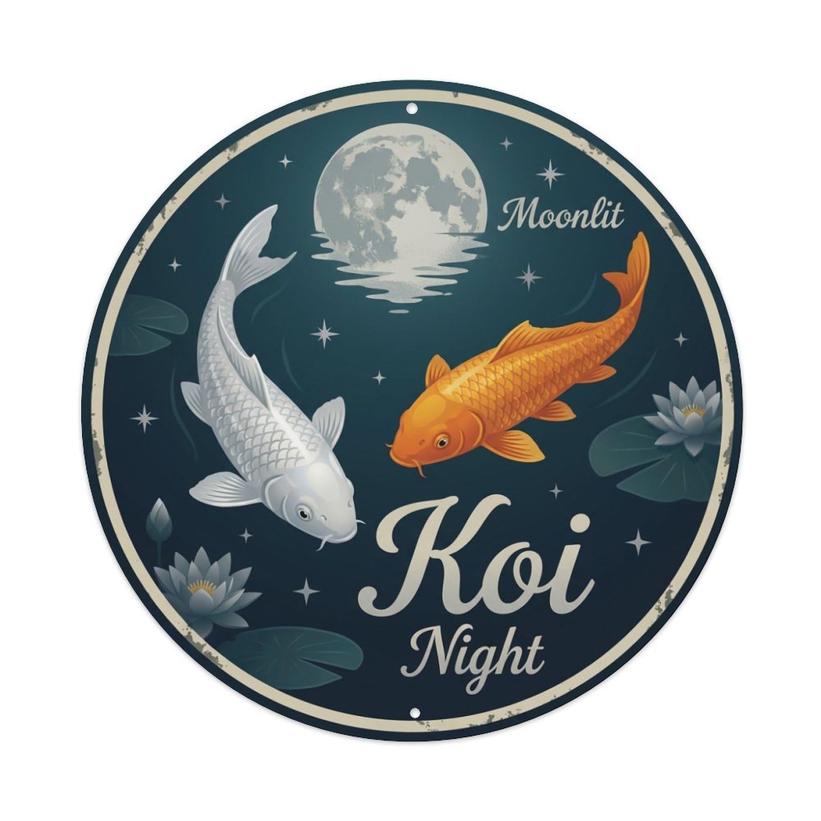 Koi Fish Moonlit Night Starry Waters Metal Tin Sign