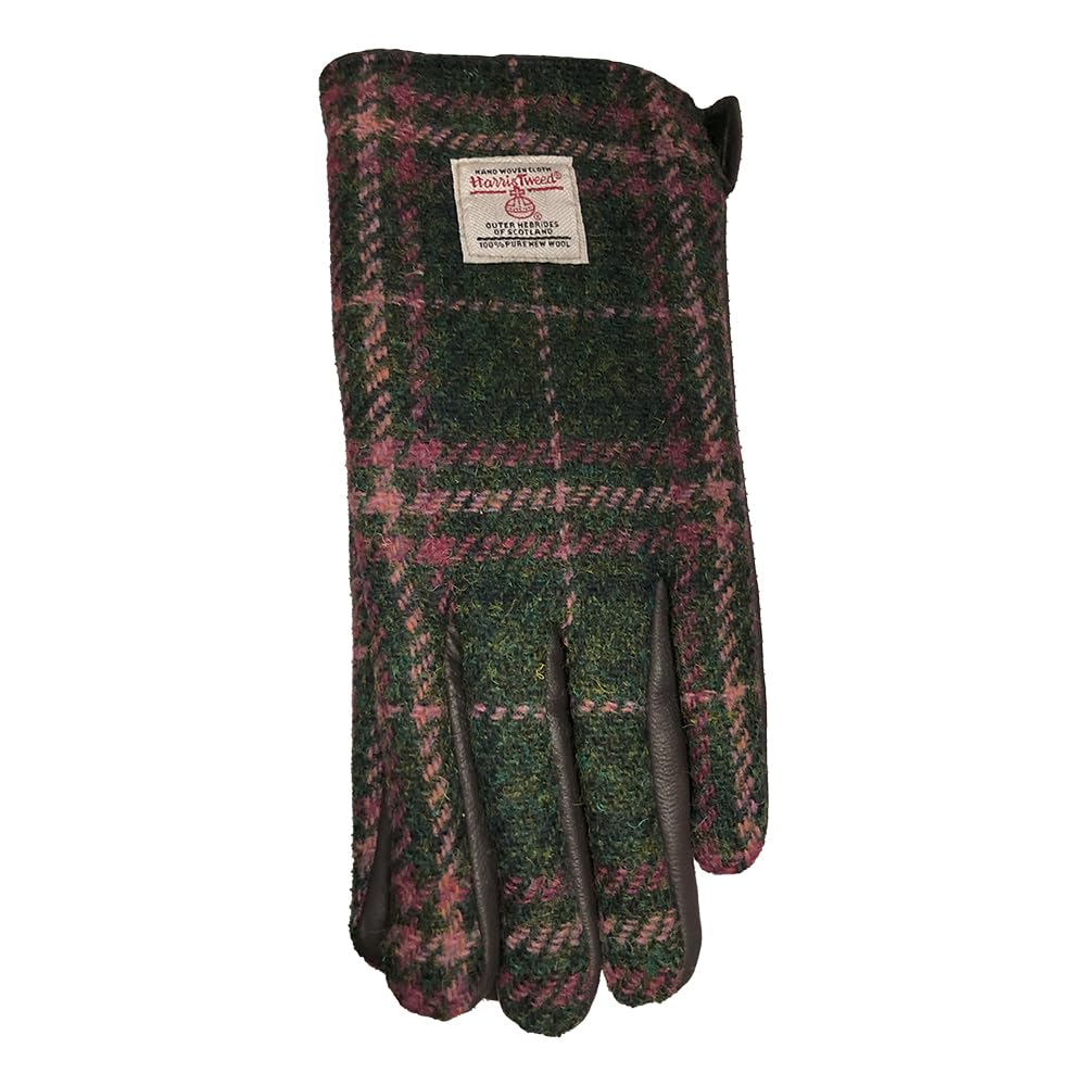 Ladies Brown Leather & Harris Tweed Gloves Boxed in Dark Green & Plum Check - M