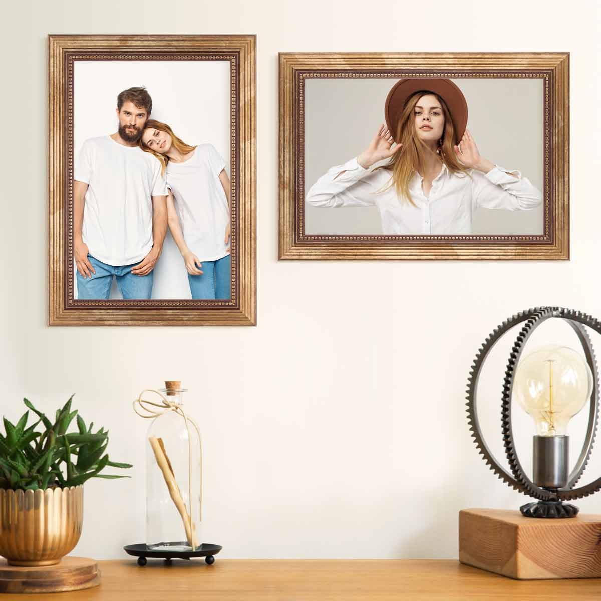 PHOTOLINI Barock-Bilderrahmen A4 21x30 cm in Gold antik, 2er Set Holz-Rahmen Vintage, Made in Germany, Echtglas, zum Aufhängen, mit Zubehör - verleiht Deinen Fotos das besondere Etwas