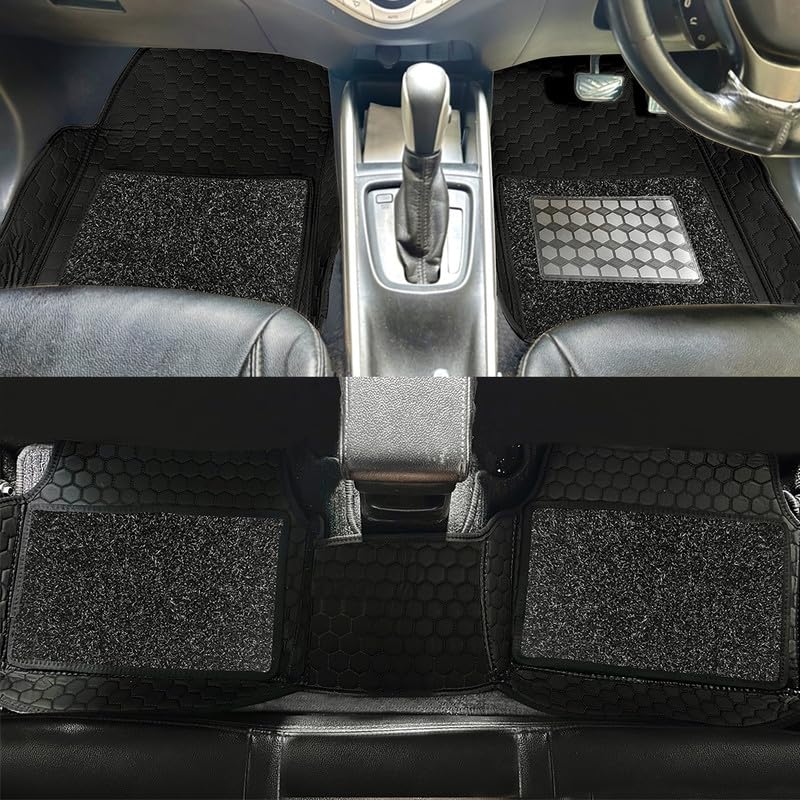 Image of 7D Car Foot Mat Compatible with Jeep Compass 2017-2026 | Universal Fit, Luxury Leather Car Floor Mat with Detachable Curly Mat | Waterproof, Anti-Slip | Color: Black