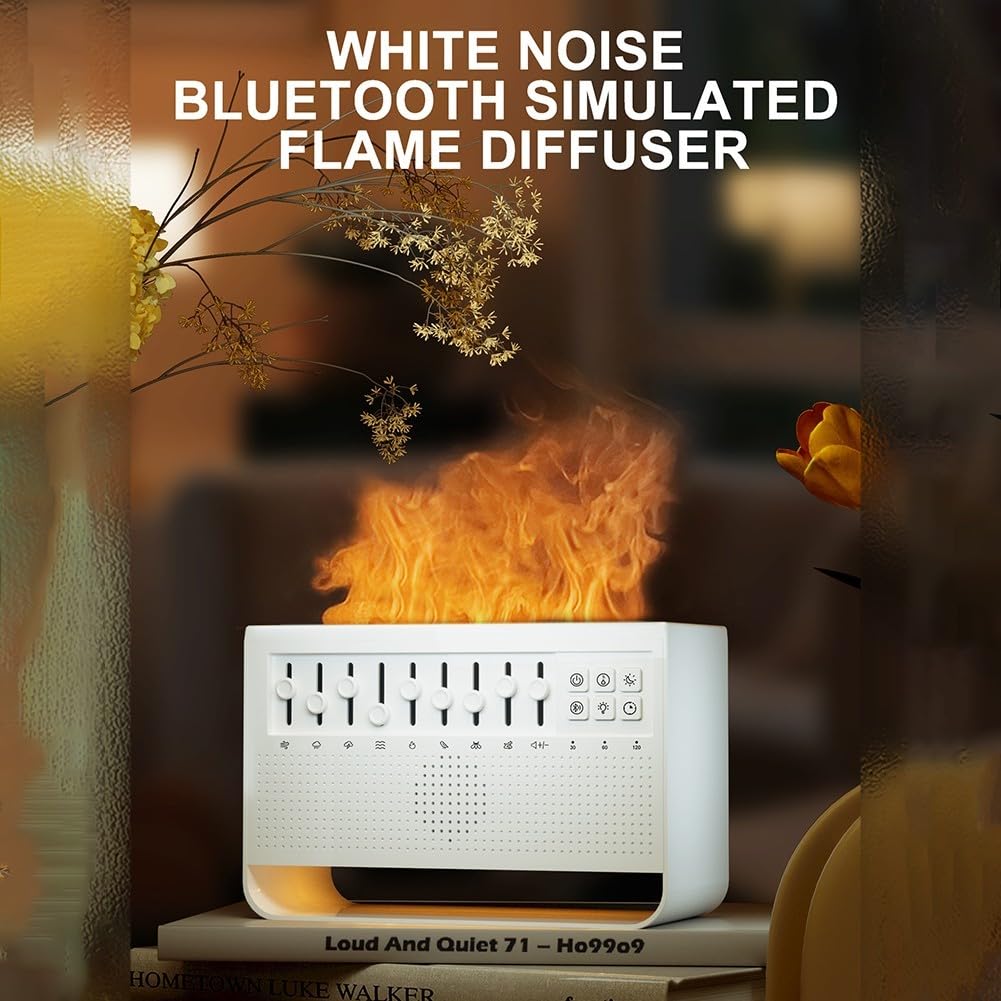 Umidificatore con luce notturna a rumore bianco, umidificatore 3 in 1 con 8 suoni ambientali, diffusore di fiamma con aromaterapia, lettore musicale calmante portatile per dormire, meditazione (bianco