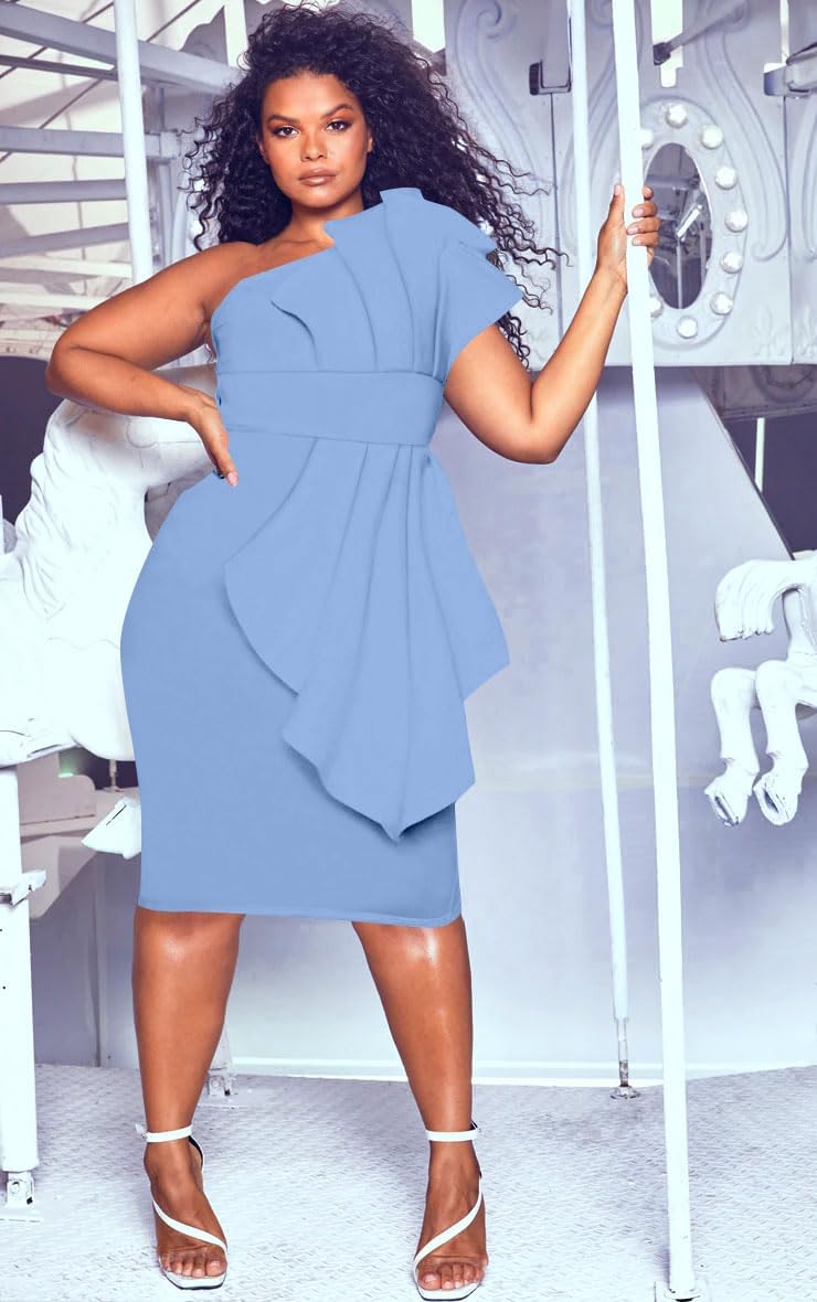 Memoriesea Women's Elegant One Shoulder Pleated Detail Bodycon Party Club Midi Dress - Image 6