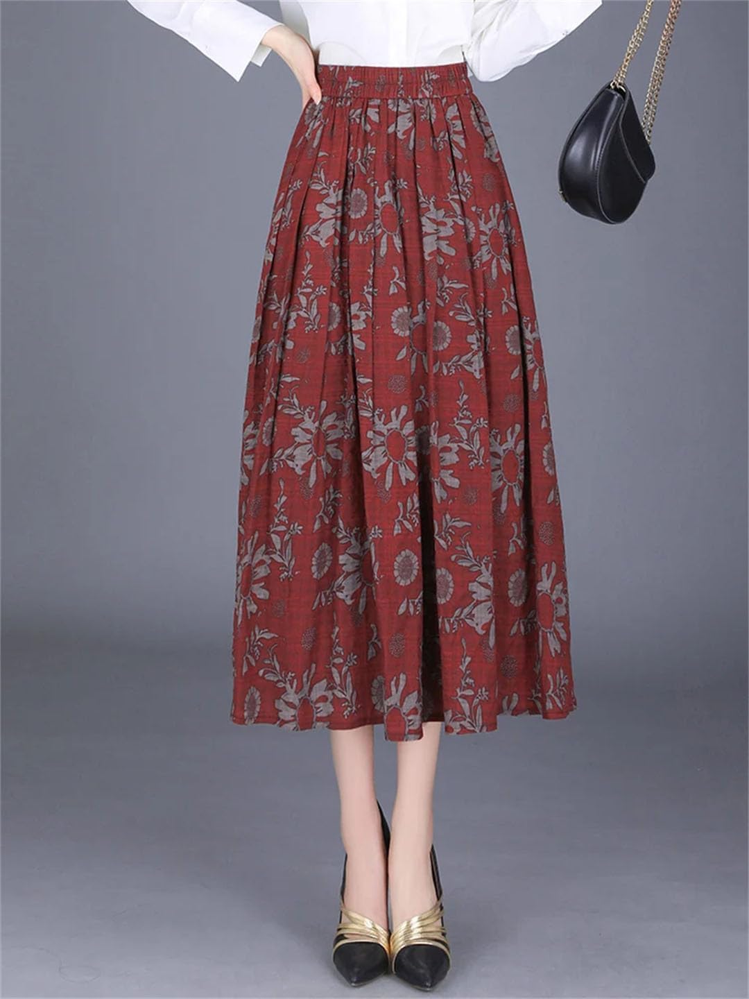 Womens Print Pleated Skirts Female Elastic High Waist Mid Long Pockets Big Swing Skirt