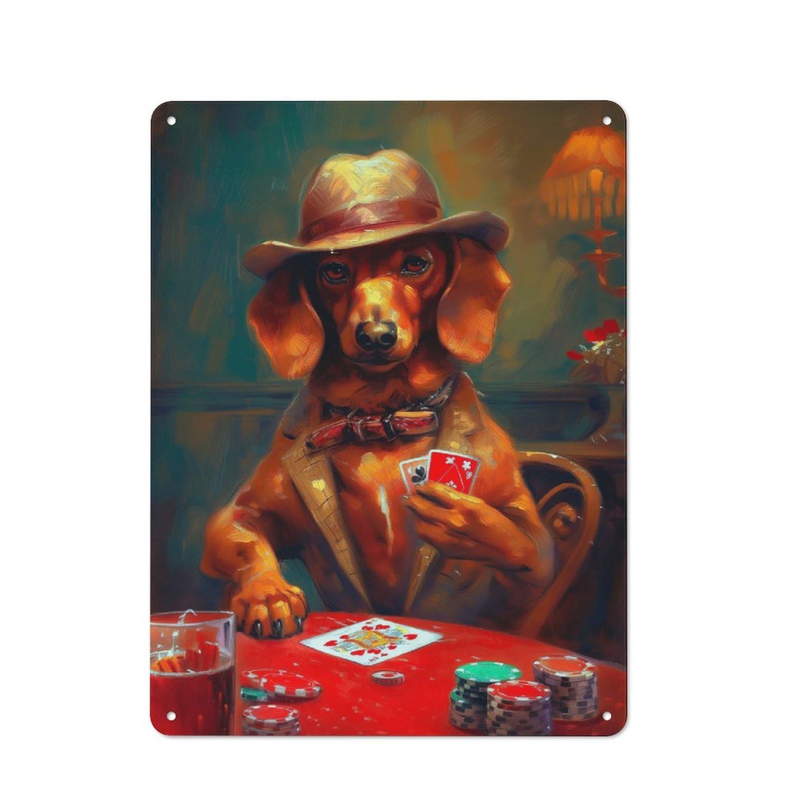 Junmoney Dachshund Plays Poker Cottage Tin Sign 40X30cm Featuring Porch Wall Decor For Shed, Garden Room, Porch Or Garage