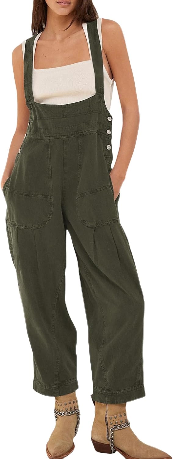 Fnortc Womens Casual Adjustable Bib Overalls Denim Tapered Romper Jumpsuit with Pockets Cotton Comfort Fit Overall Pants