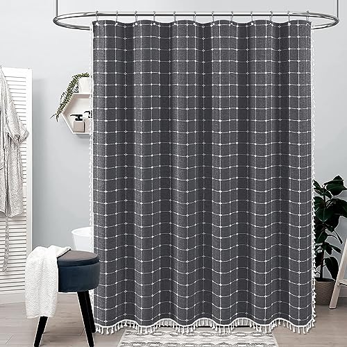Image of BTTN 60 Inch Boho Farmhouse Linen Weighted Fabric Shower Curtain Set with 10 Plastic Hook, Narrow Bohemian Country Decorative Curtain for Bathroom - 60x72 - Charcoal Grey