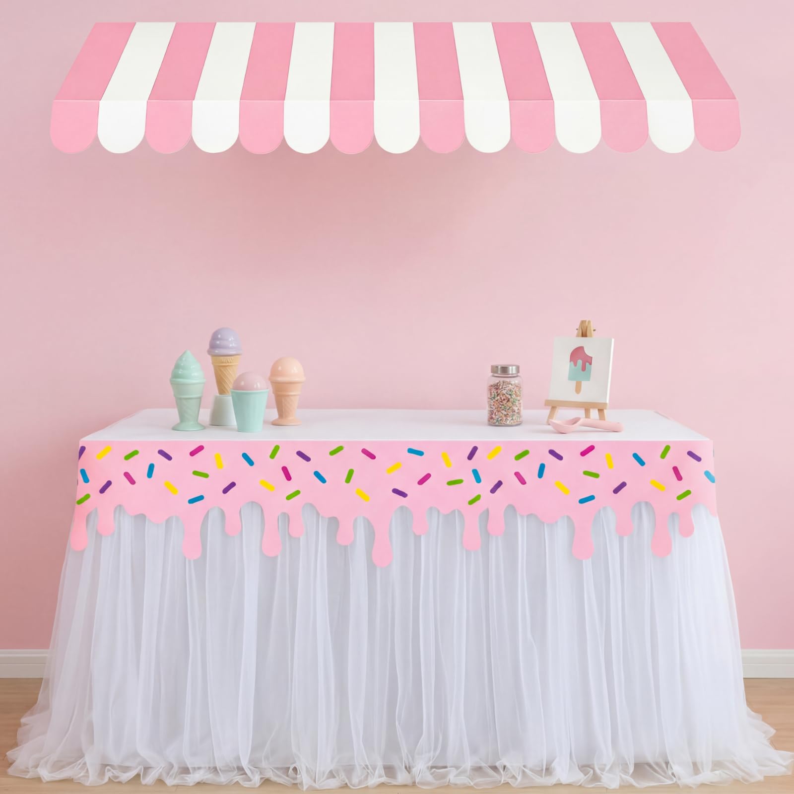 6 Pcs Ice Cream Party Decorations Ice Cream Stand Kits Sundae Bar Supplies with Table Skirt Awning Decorations for Birthday Baby Shower Summer Wedding Decor