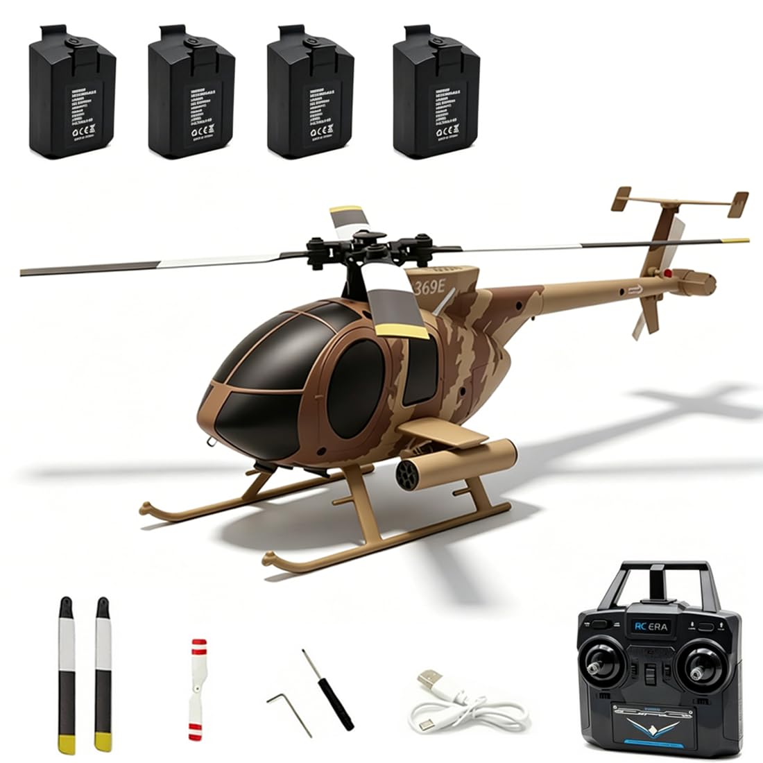 RC ERA C184 MD500 RC Helicopter, 2.4G 4CH Brushless RC Helicopter with Optical Positioning, 6-Axis Groy Military Aircraft Model for Adults - 4 Battery