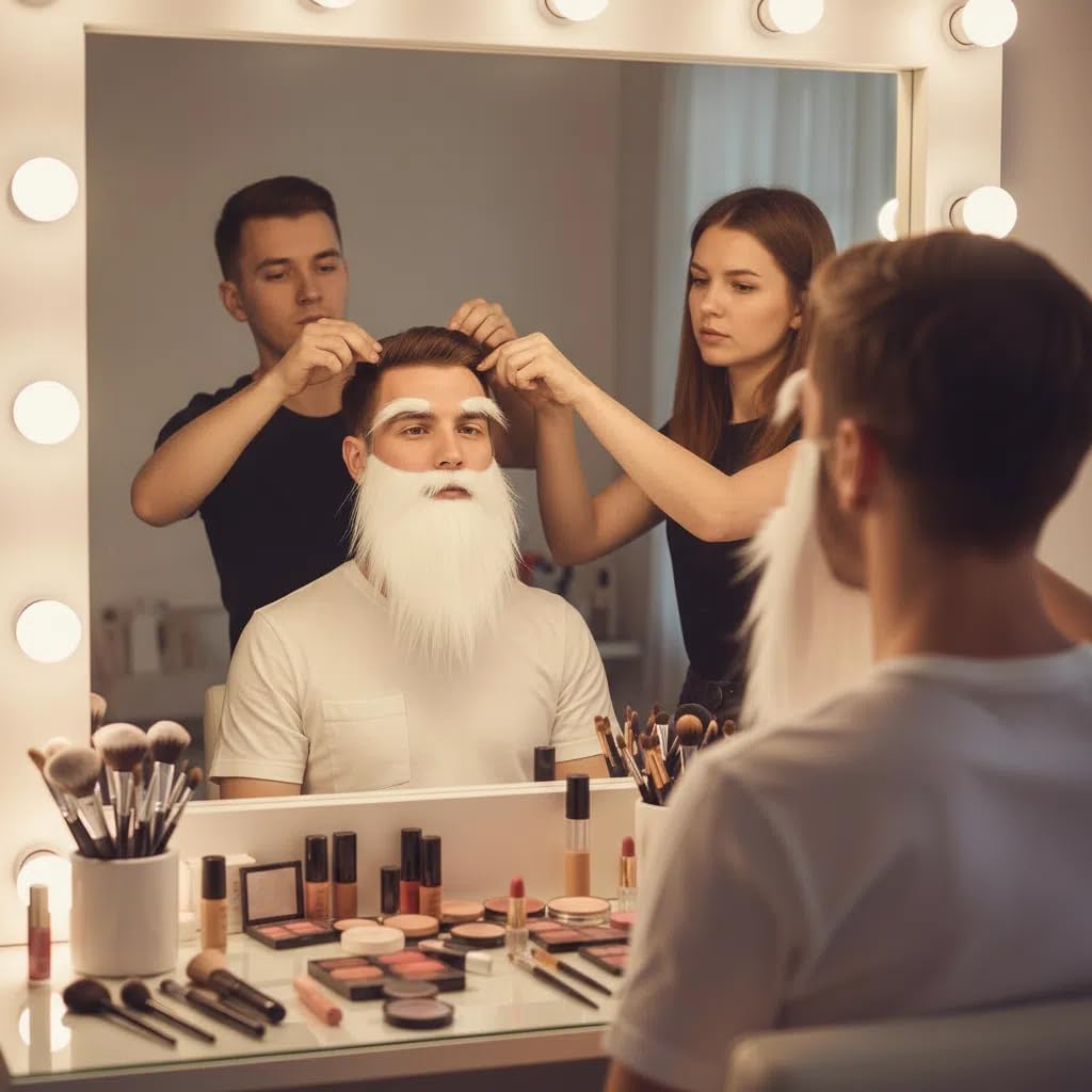 White Fluffy Fake Beard and Eyebrows Set - Realistic Santa Beard and Facial Hair Costume Accessory for Christmas Parties, Theater, and Cosplay