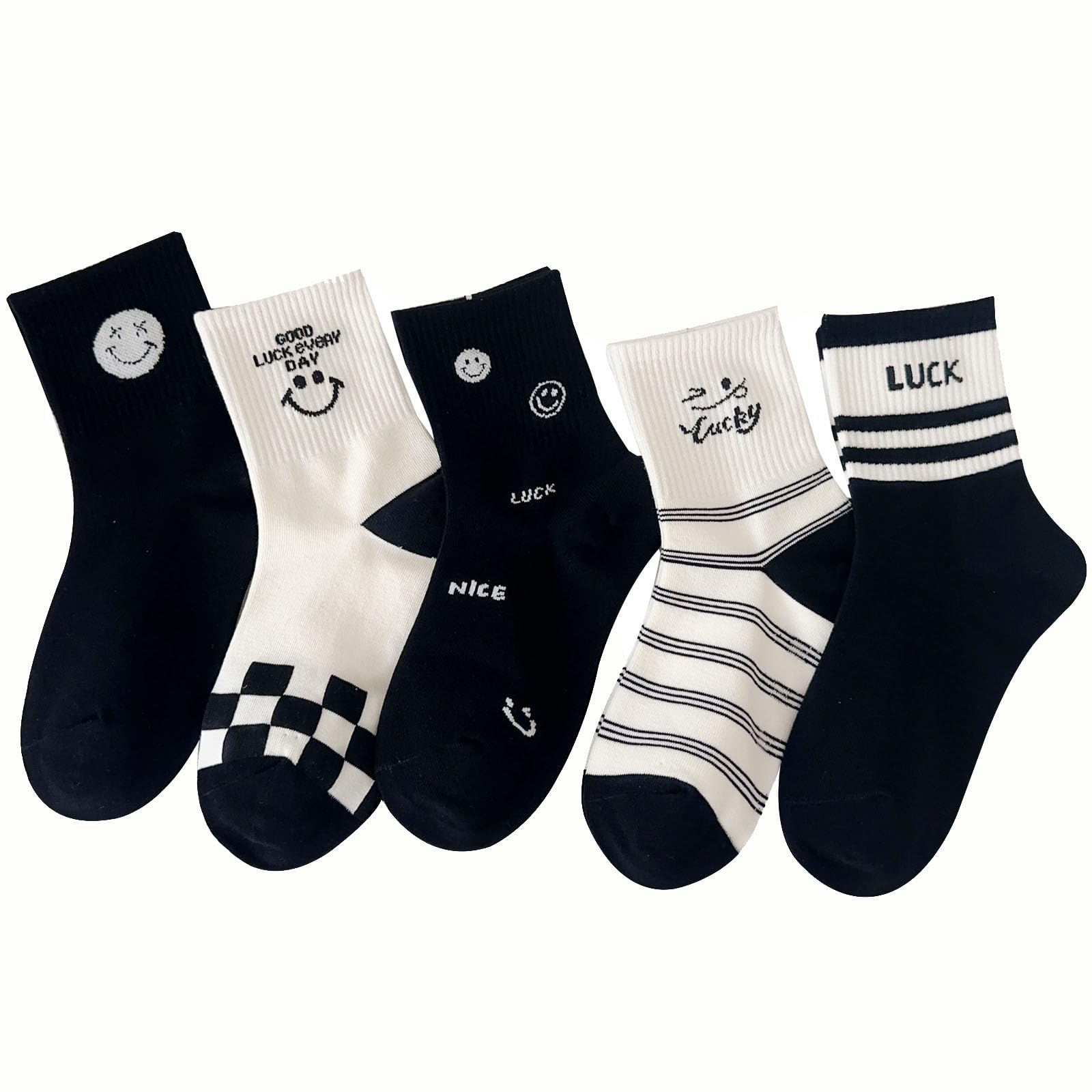 Toddler Boys Happy Face Crew Socks, Black Striped Solid Funny Kids Ankle Cotton Socks, 5 Pairs