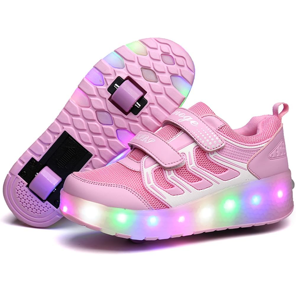 Yogeeft Kids Shoes with Wheels & LED Flashing Sneakers for Gifts Rechargeable Roller Skate Shoes Retractable for Birthday Gift Size 4.5 Big Kid Pink