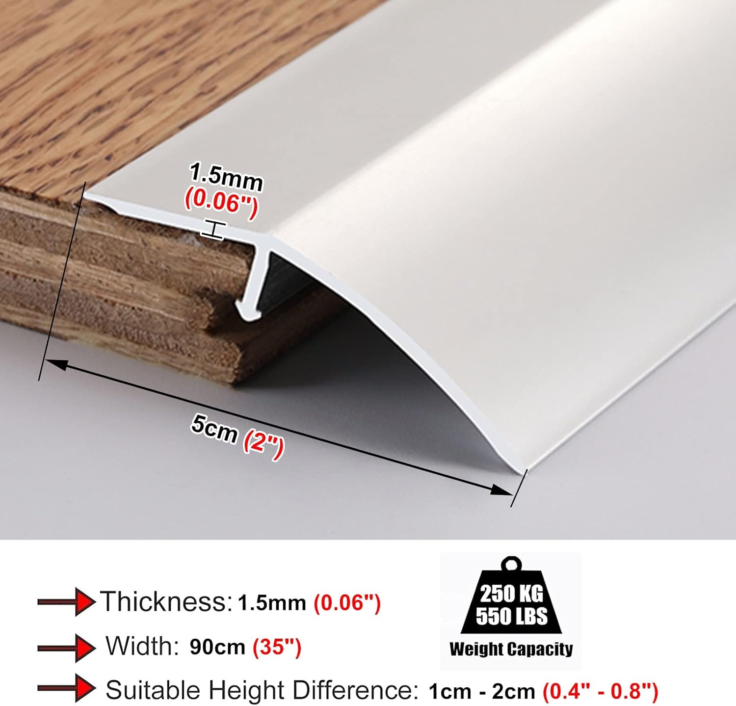REMYS Doorway Uneven Floor Transition Strip, Metal Floor Threshold Strip Interior Carpet Edge Transition Bars Decorative Wood/Vinyl Floor Covering for Carpet Floor Easy Installation (Color : Silver)