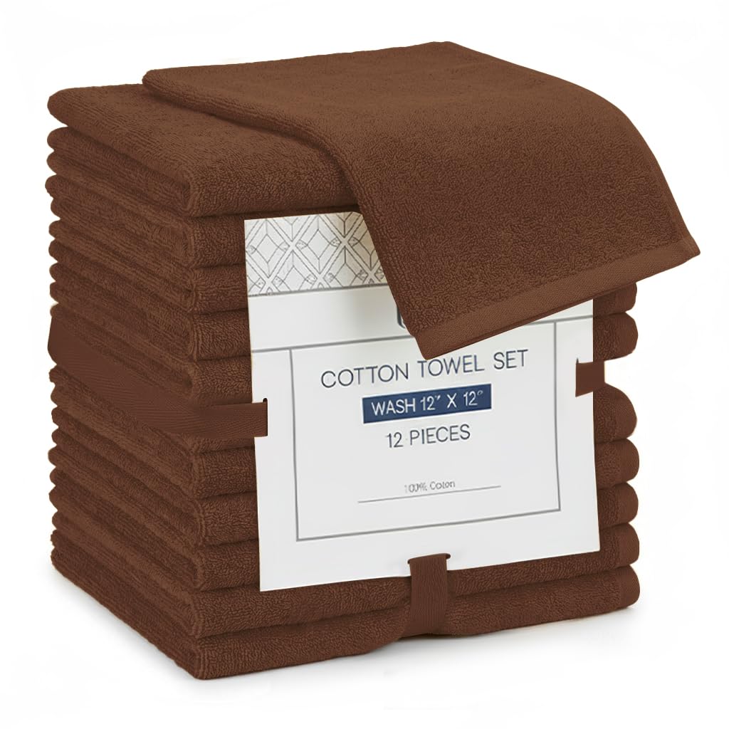 Linteum Textile Supply Premium 12x12 Washcloth (Chocolate) – 100% Cotton Zero Twist Towels | Absorbent, Quick Dry, Durable for Bathroom, Spa, Gym (24